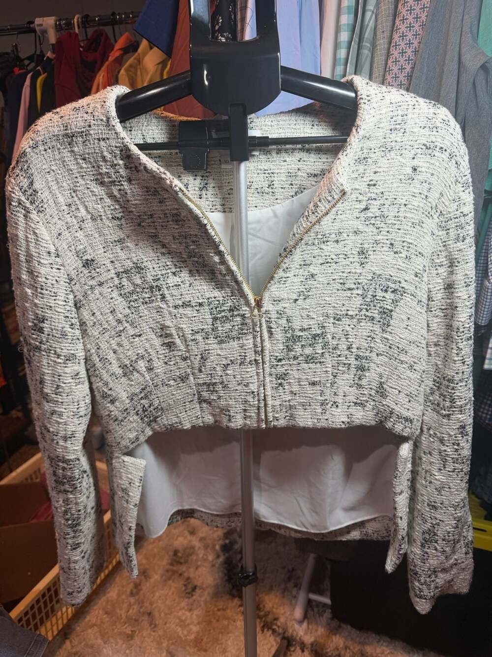 Derek Lam 10 Crosby Tweed Zip Jacket Size 10 White Black High-Low